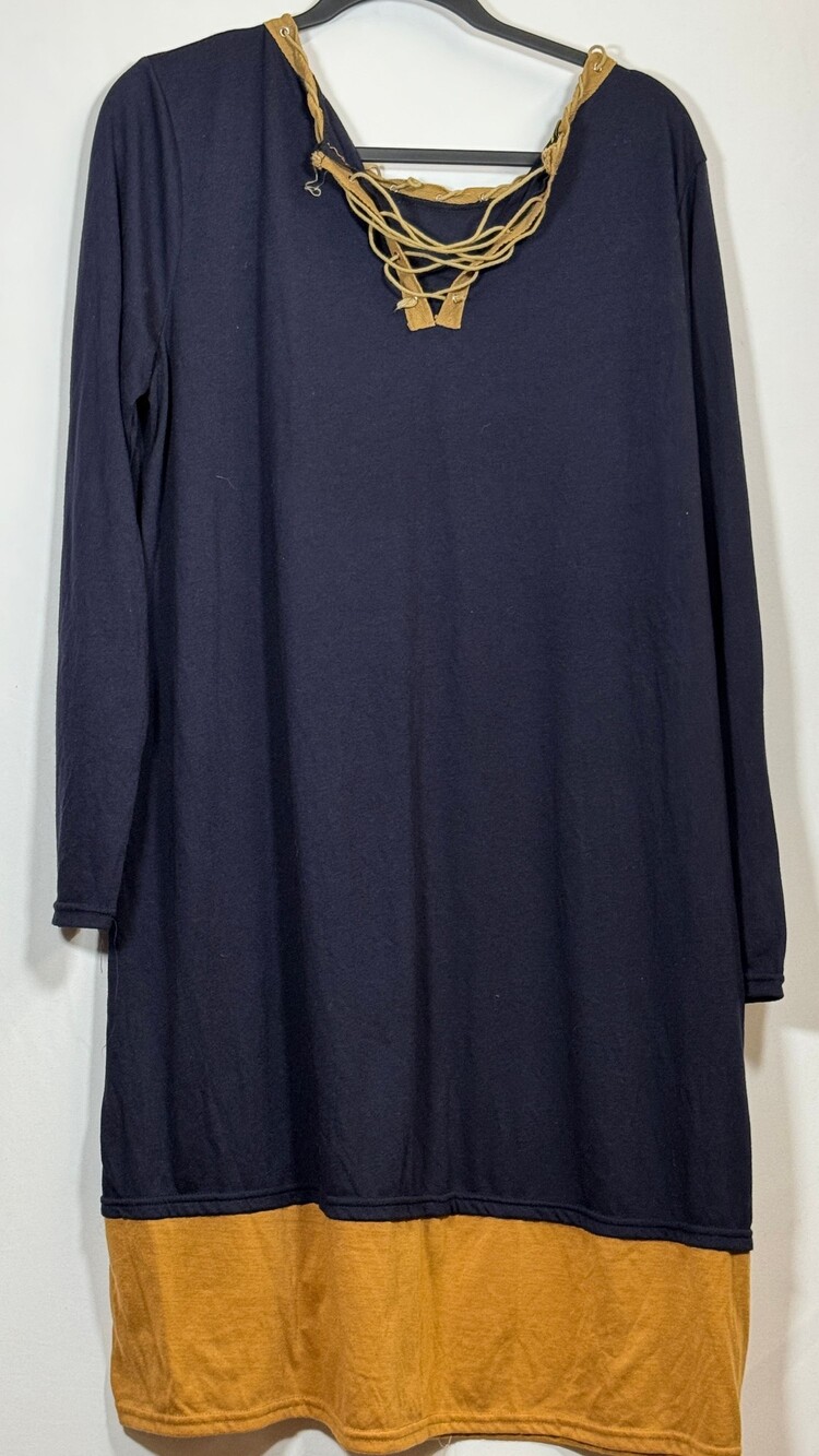 Long Sleeve Shirt Navy Blue Mustard Yellow Lace-Up Neckline Casual Top